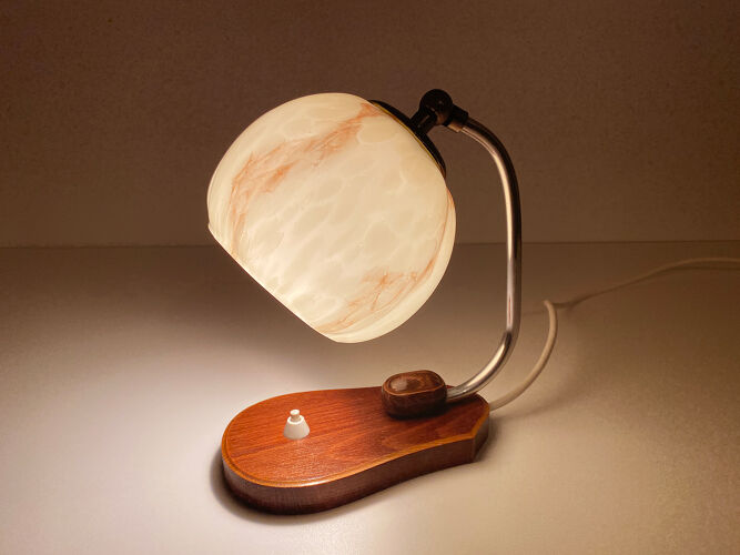 lampe de table vintage art deco bauhaus, années 30, opaline marbré bois