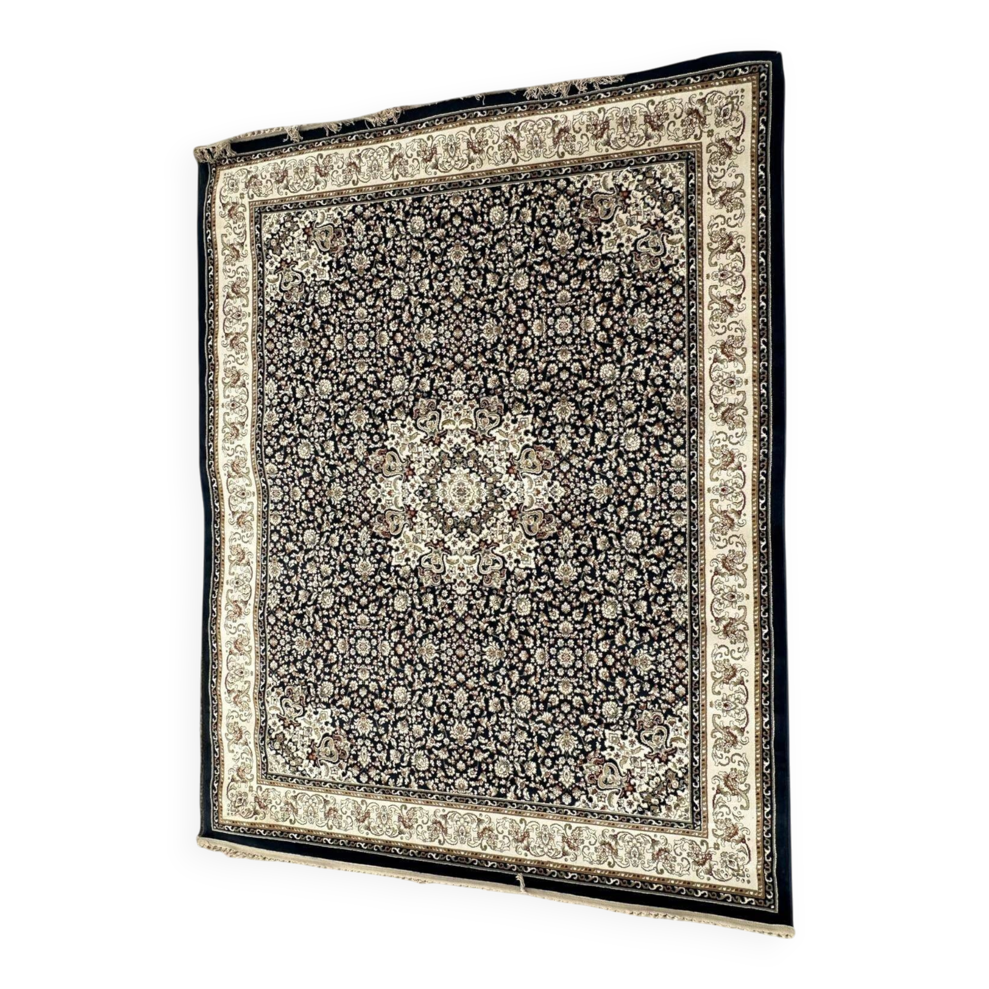 Classic navy blue living room rug decorated with flowers