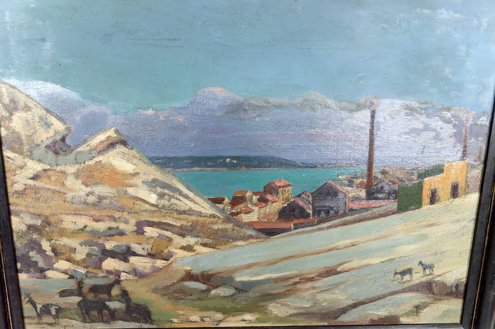 Painting, Oil on panel, "Mediterranean Coastal Town", France, 1930