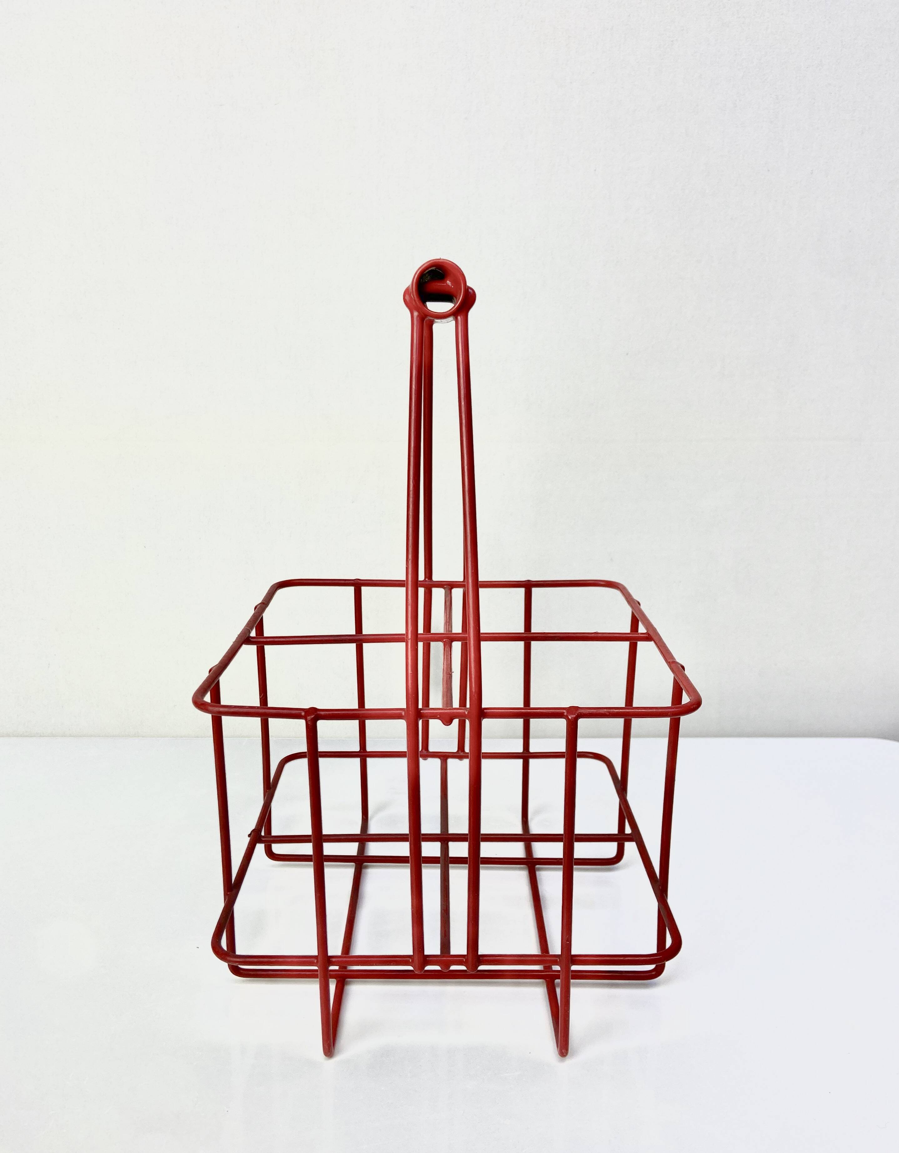 Metal bottle holder basket covered in bright red - caddy for 4 bottles