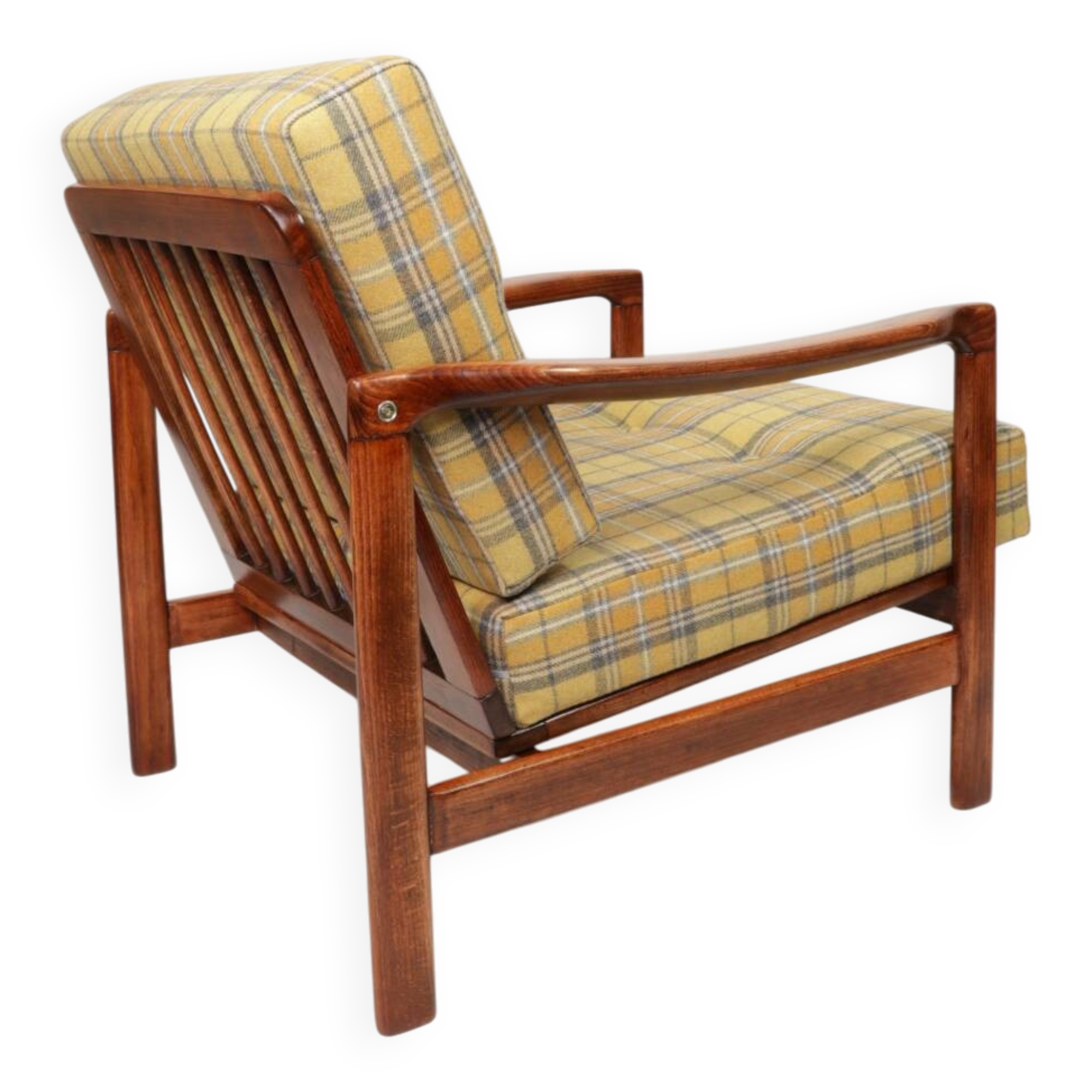 Fauteuil vintage Mid Century Design avec coussins en laine tartan jaune, Pologne, 1960