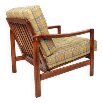 Mid Century Design Vintage Armchair Yellow Tartan Wool Cushions, Poland , 1960