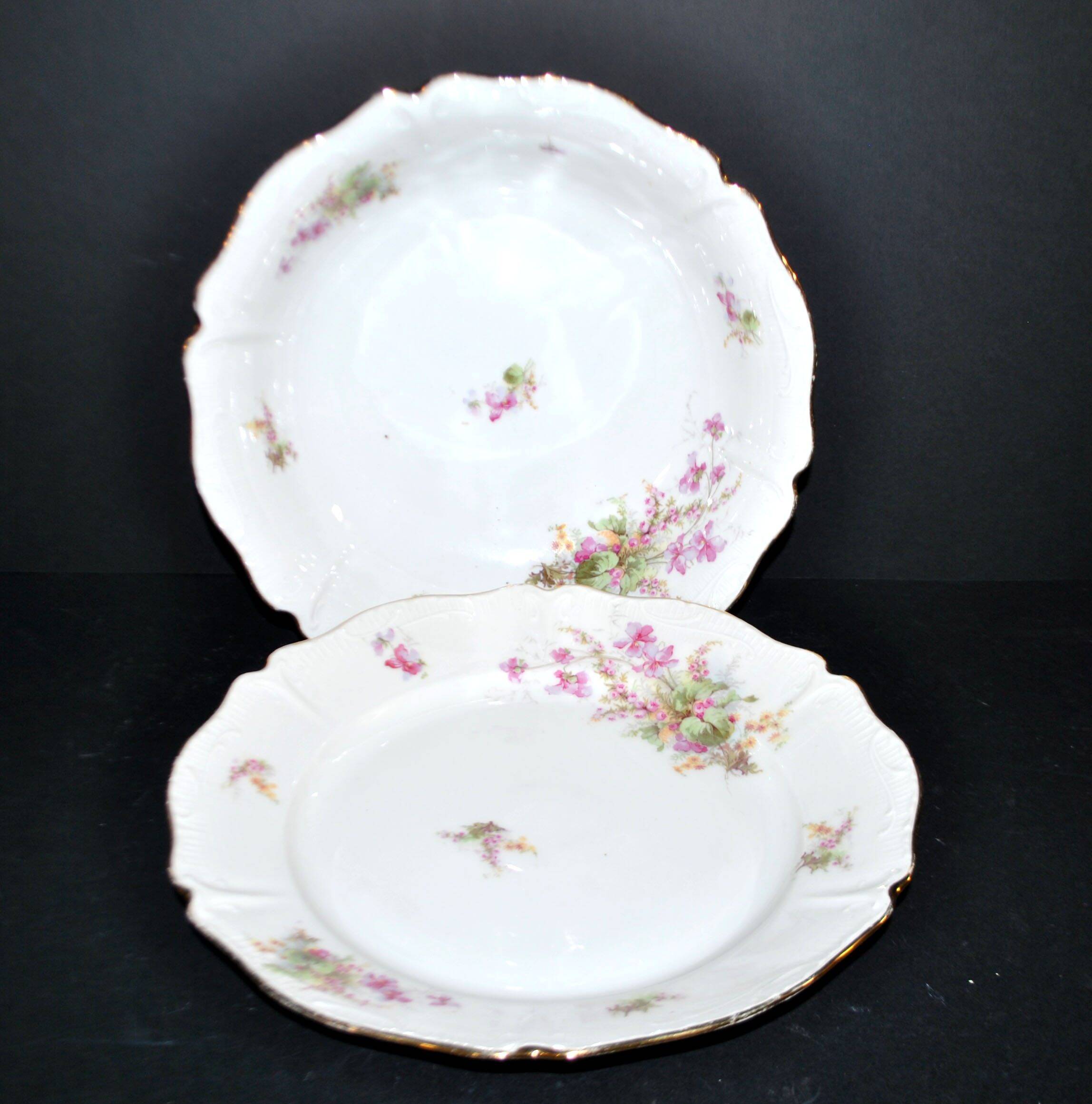 Vintage floral porcelain salad bowl with gilding + matching round plate