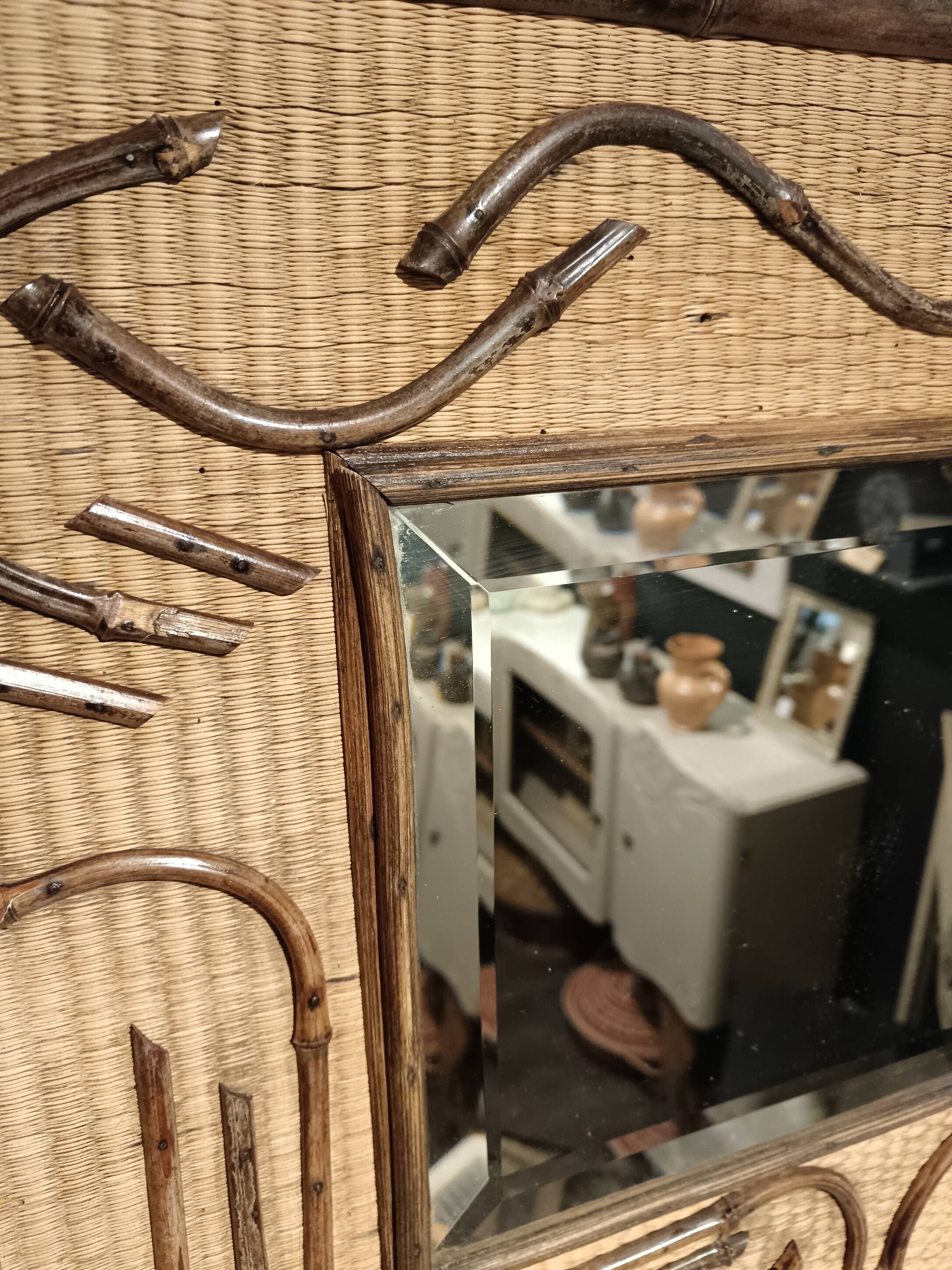 2-tone beveled square wood and rattan mirror