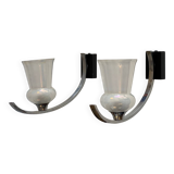 Pair of iridescent tulip wall lights and chrome arms