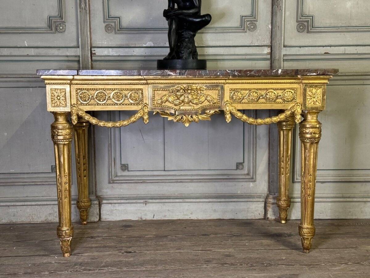 Louis XVI Console in Gilded Wood, Grey Ardennes Marble, 18th Century