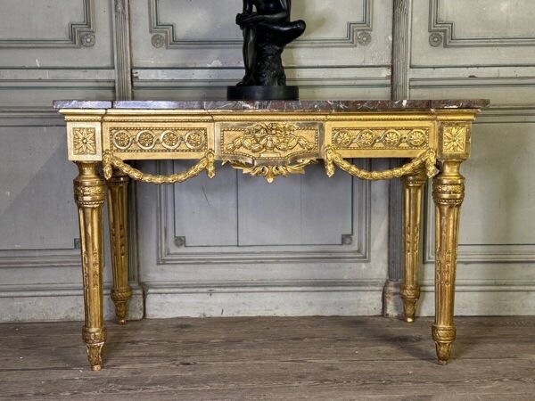 Console Louis XVI En Bois Doré, Marbre Gris Des Ardennes, XVIIIème Siècle