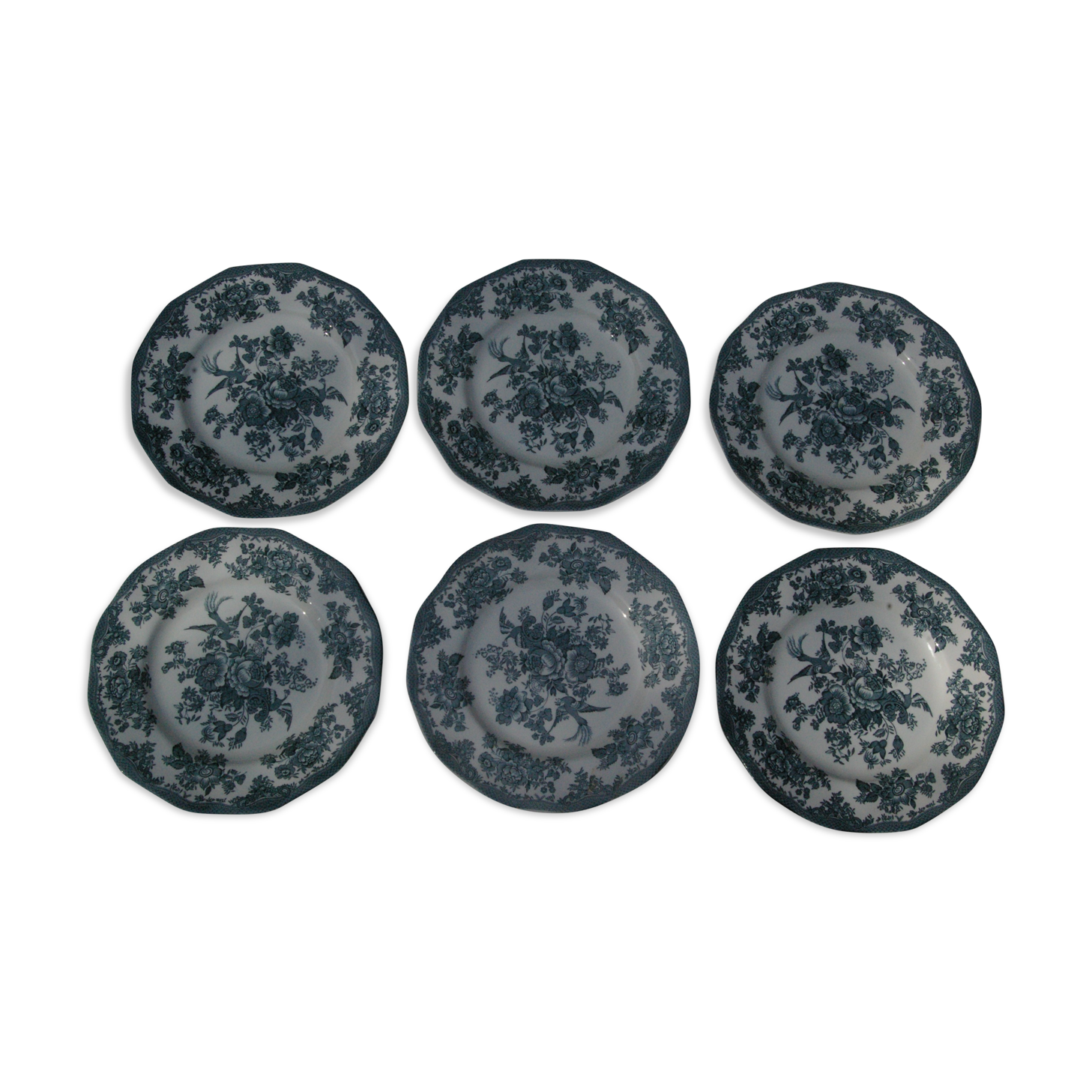 6 Flat Plates - Enoch Wedgwood (Tunstall) Ltd - Asiatic Pheasants Blue