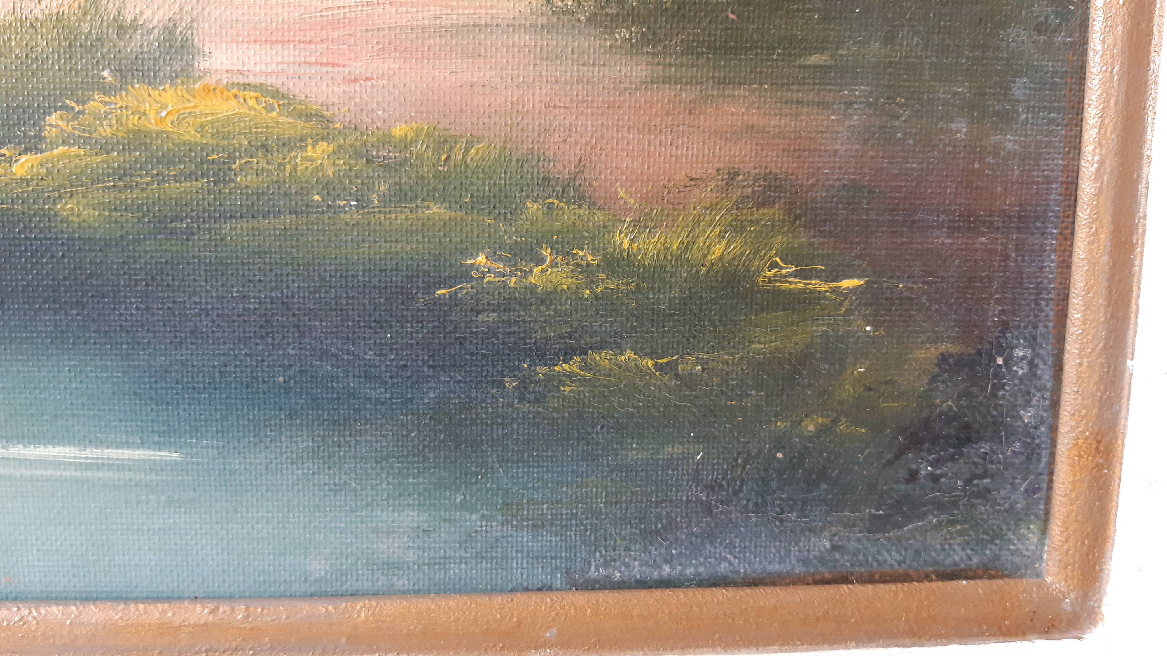 Vintage oil painting on canvas house and river