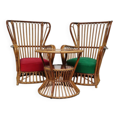 Ensemble de 2 fauteuils et table, design de Franco Albini pour Bonacina, années 1950.