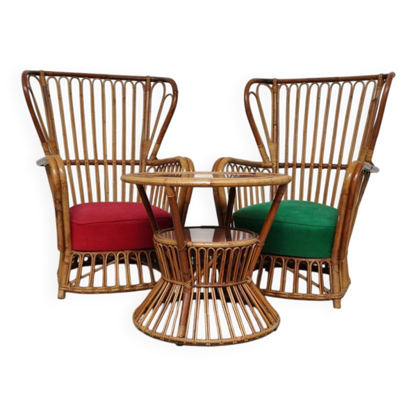 Ensemble de 2 fauteuils et table, design de Franco Albini pour Bonacina, années 1950.