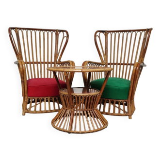 Set of 2 armchairs and table, design by Franco Albini for Bonacina, 1950s