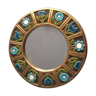 Miroir céramique émaux doré et bleu 29 x 29 cm
