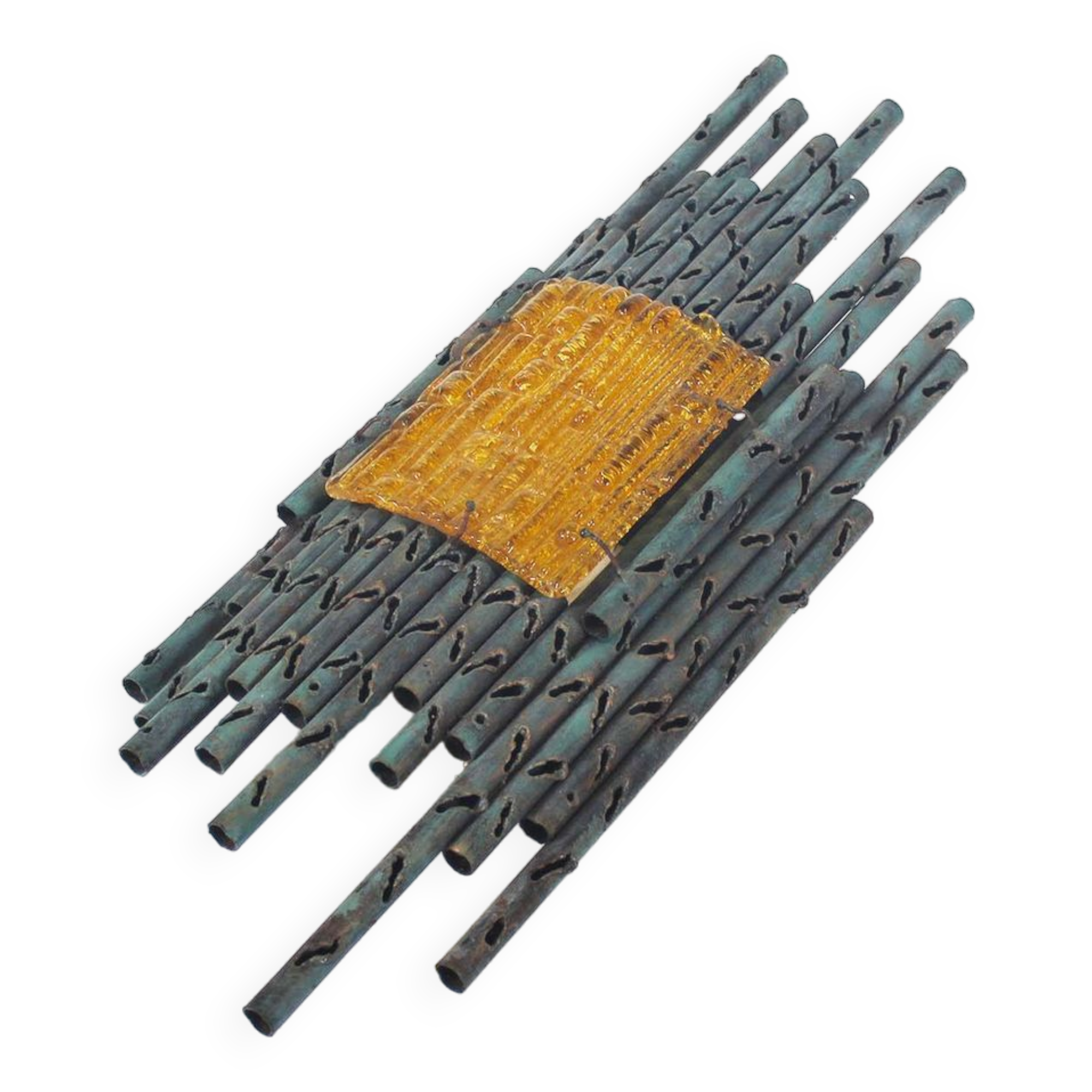 brutalist rough iron and glass wall sconce by Marcello Fantoni