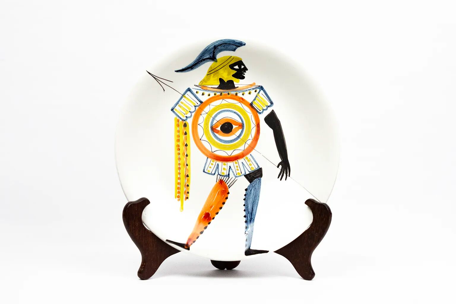 Ceramic plate by Roger Capron, Vallauris, ancient warrior - 1960s
