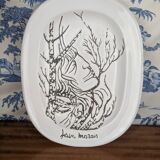 White earthenware dish "faces" by Jean Marais, dreamlike surrealism 70s