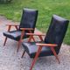 Pair of vintage beech armchairs feet compass covered with black moleskine from the 50s