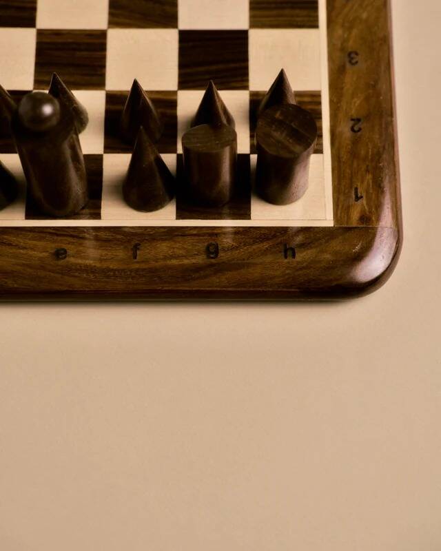 Wooden chessboard, geometric pieces