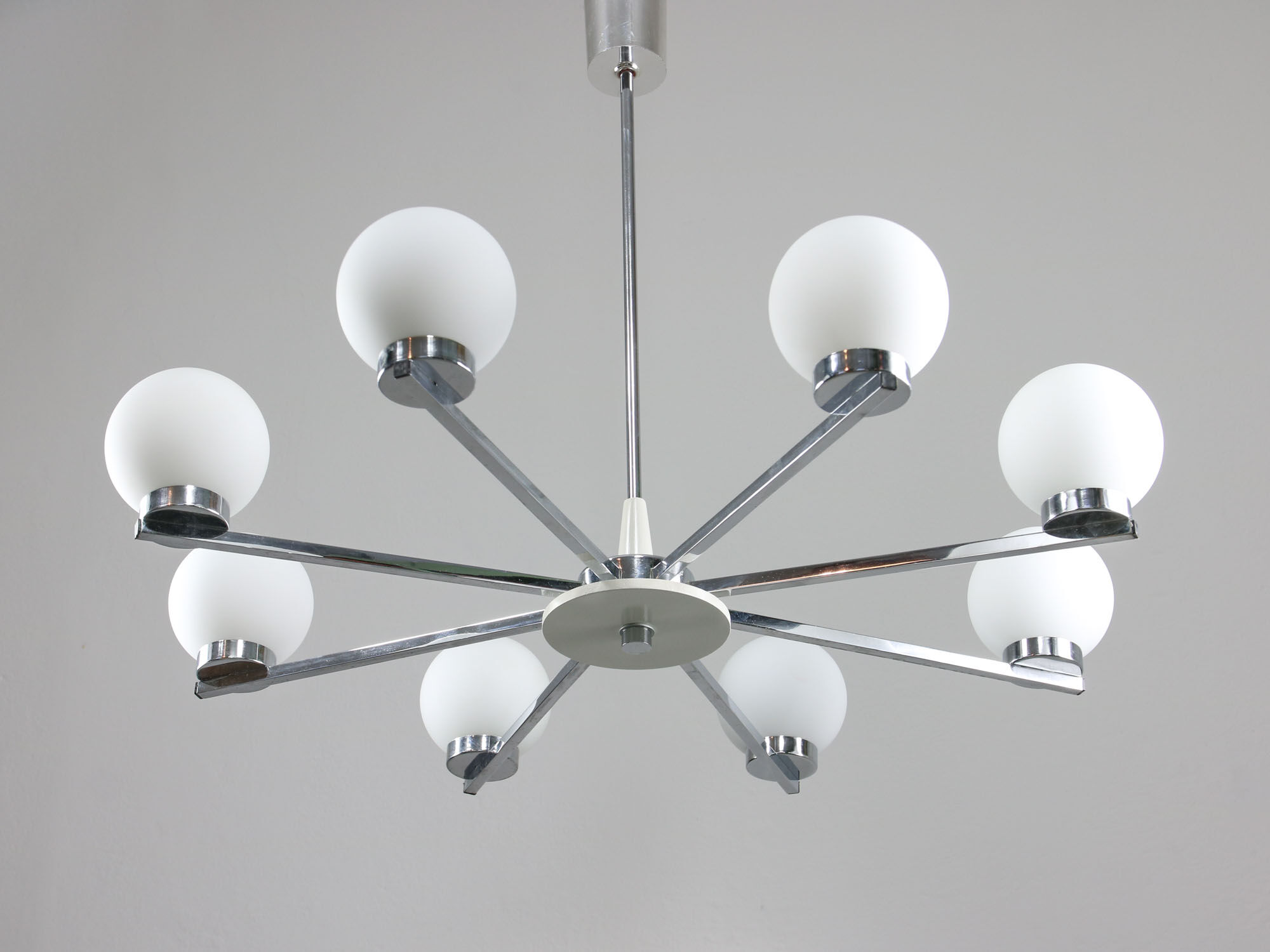Vintage minimal chrome & opaline 8-arm chandelier, 70s