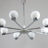 Vintage minimal chrome & opaline 8-arm chandelier, 70s