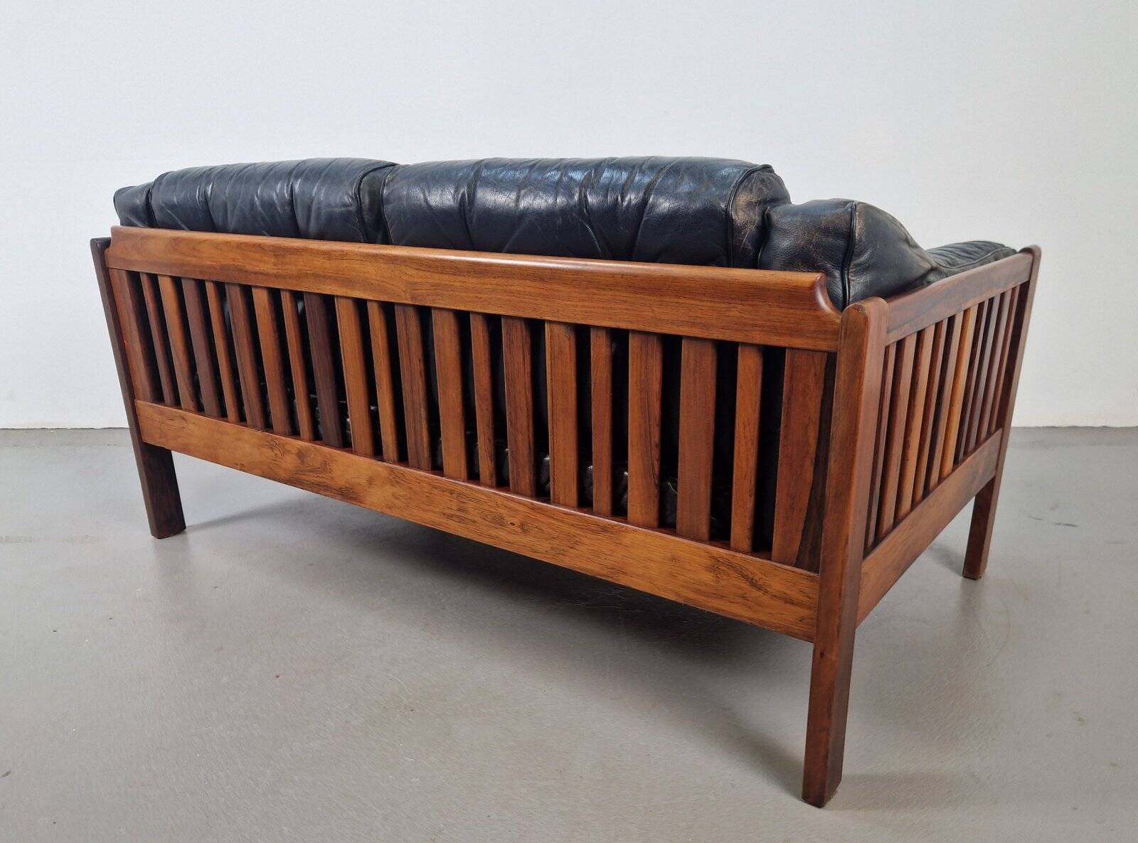 Mid-Century Modern Scandinavian Monte Carlo Sofa in Black Leather and Wood by Ingvar Stockum, 1965