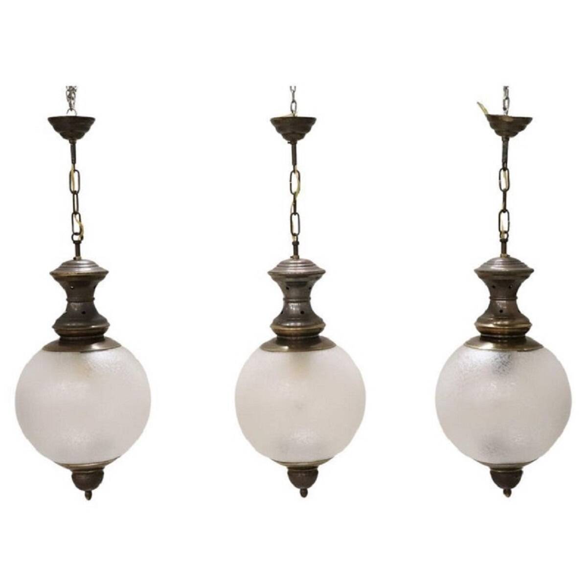 Brass and Glass Pendant Lamps, 1960s, Set of 3