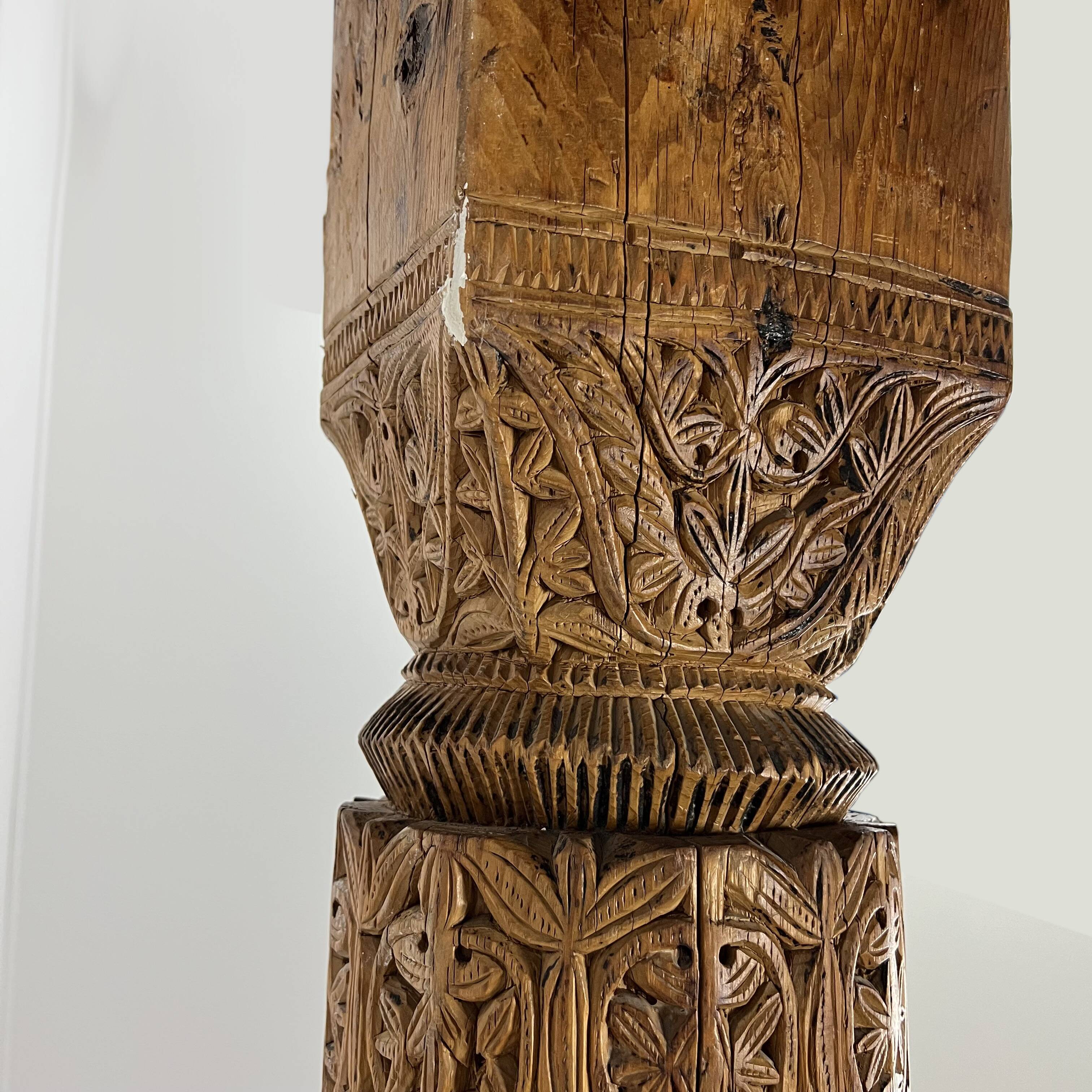 Ancient large carved cedar pillar column from Pakistan, India.