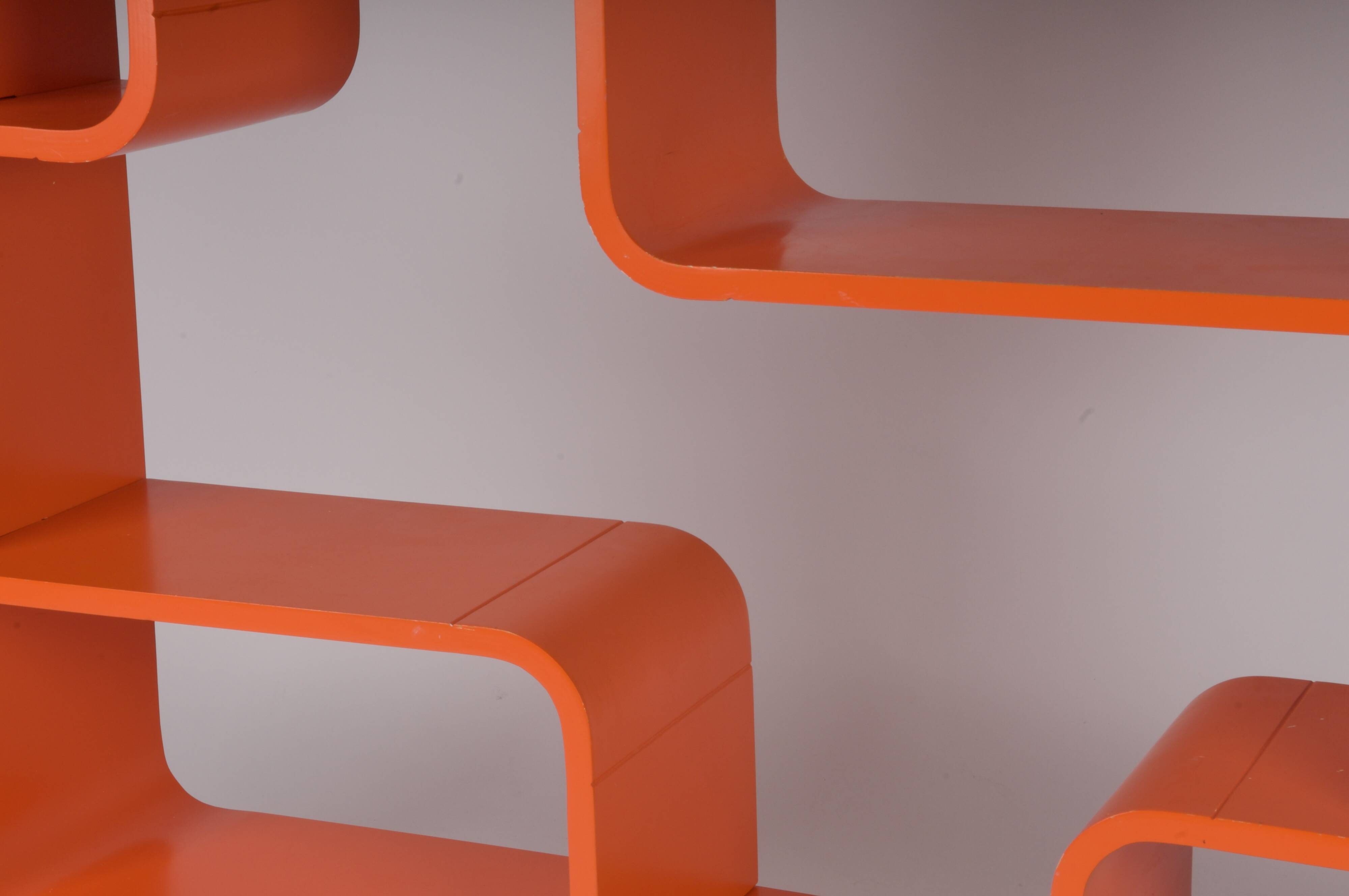 Bibliothèque bois orange space age 1970 années 70 pop