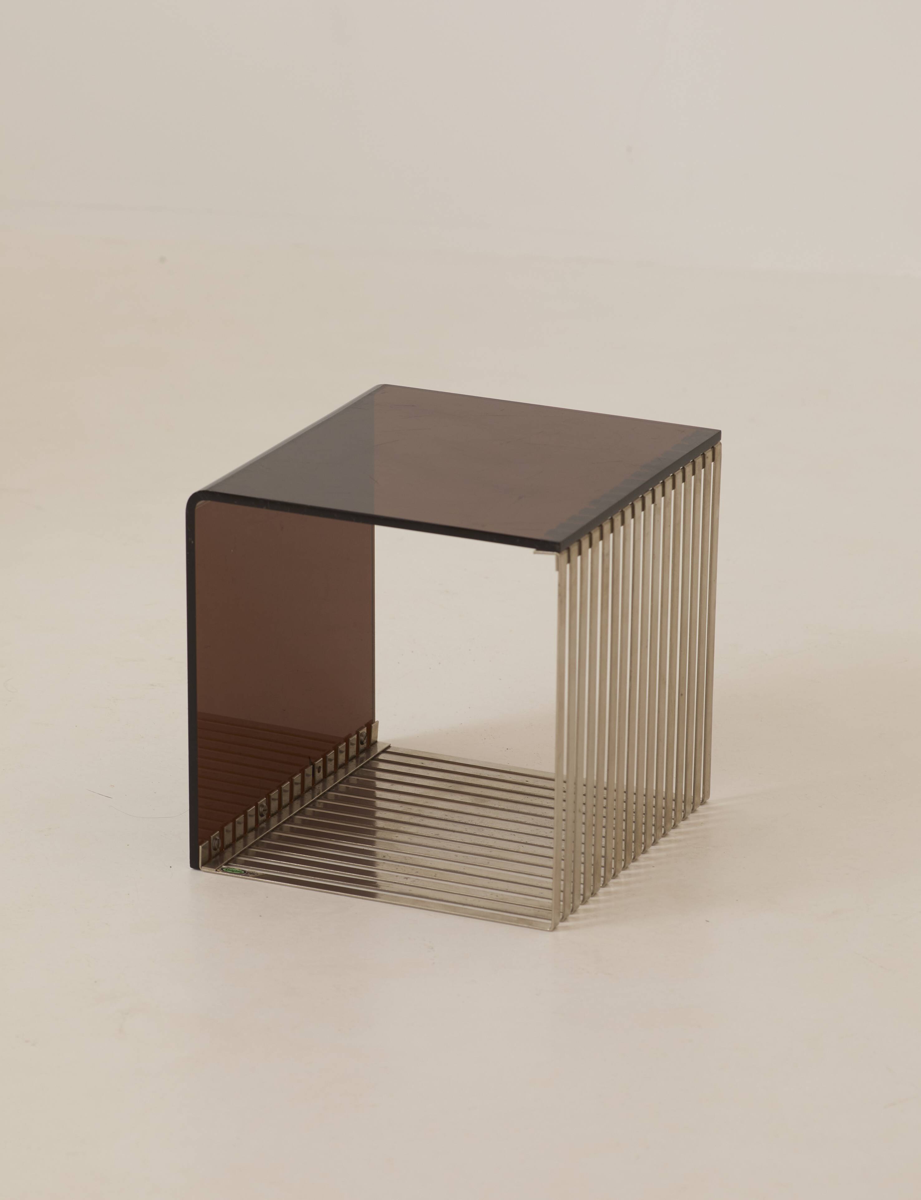 Side table, bedside table in plexiglass and chrome metal, around 1970.