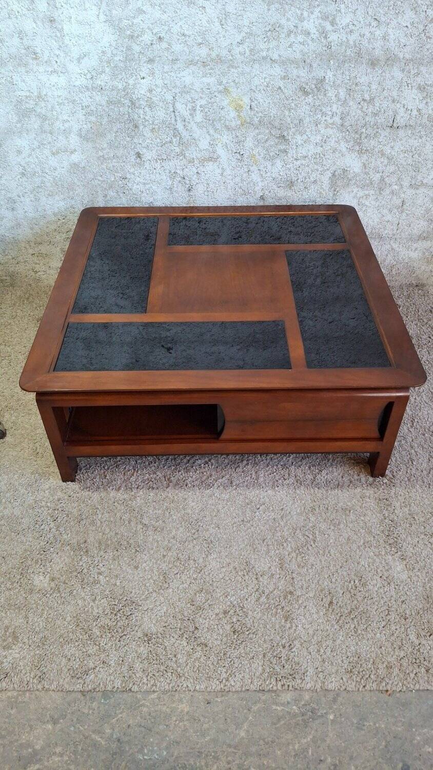 Table basse carrée bois massif plateau avec verre noir 100x100 cm