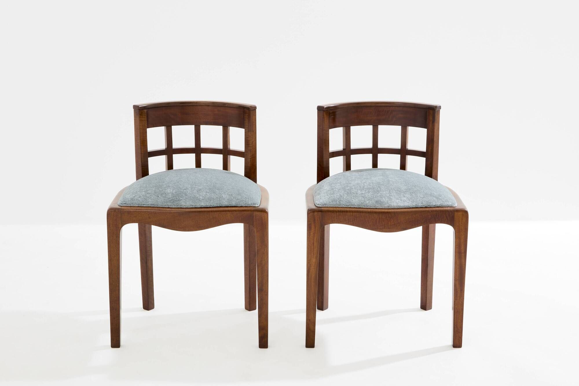 Paul T. Frankl pair of wavy walnut and mohair velvet chairs 1933