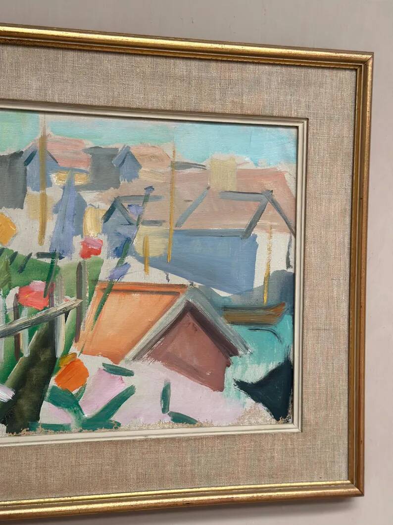 Swedish Original Oil on Canvas – "Figure Near a Flower Fence" by Carl Gunne – Signed – Vintage and Framed – 69.5 × 48 cm (27.4" × 18.9")