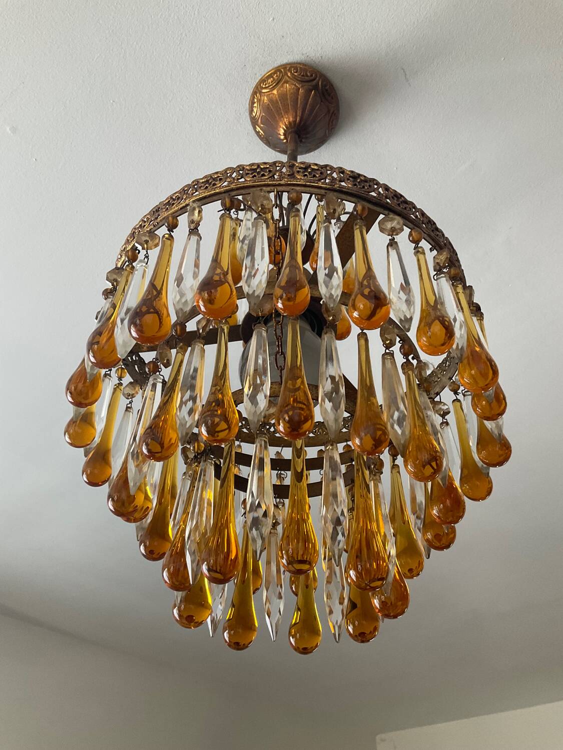 Vintage chandeliers with amber glass tassels and drops