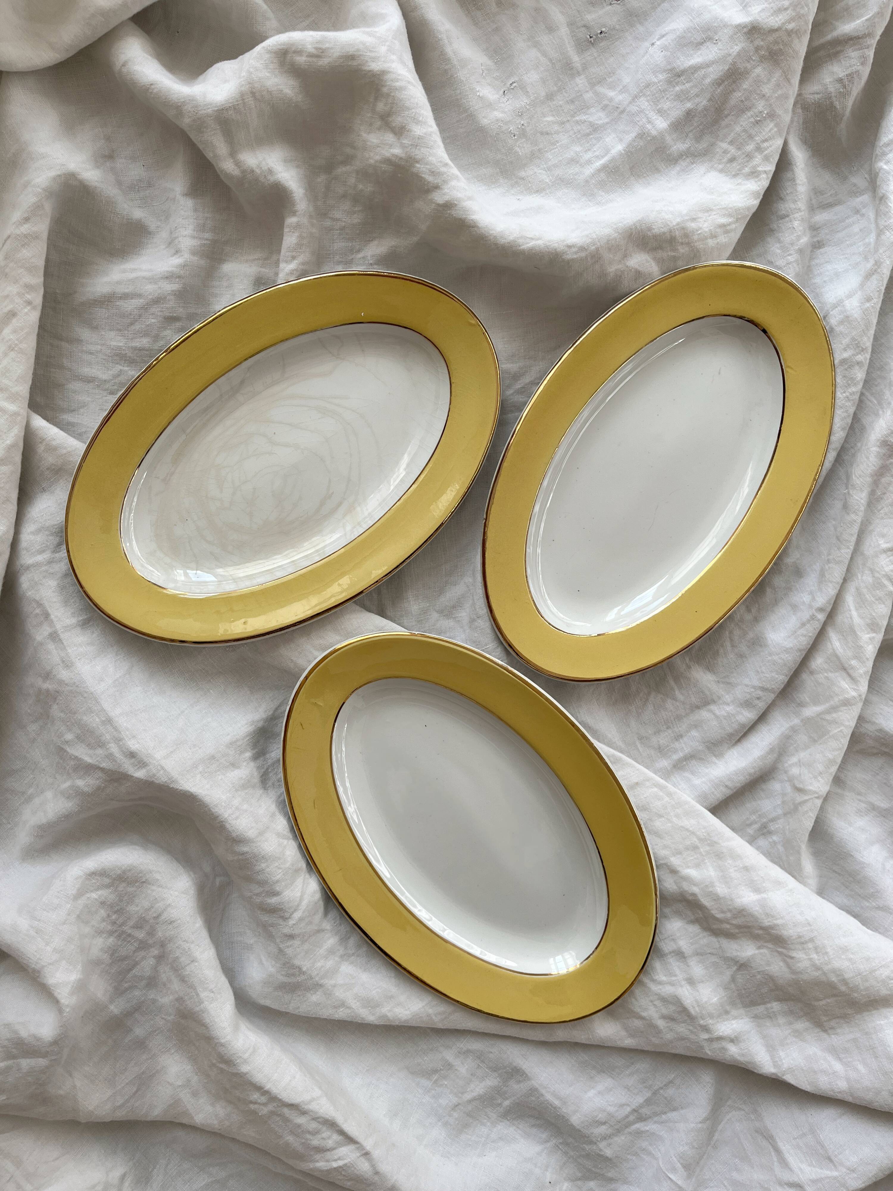 3 vintage yellow earthenware dishes with gold trim L'amandinoise
