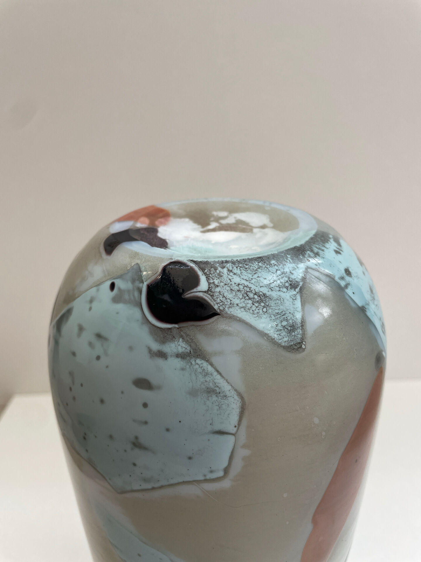 Blown opaline glass vase with coloured inclusions