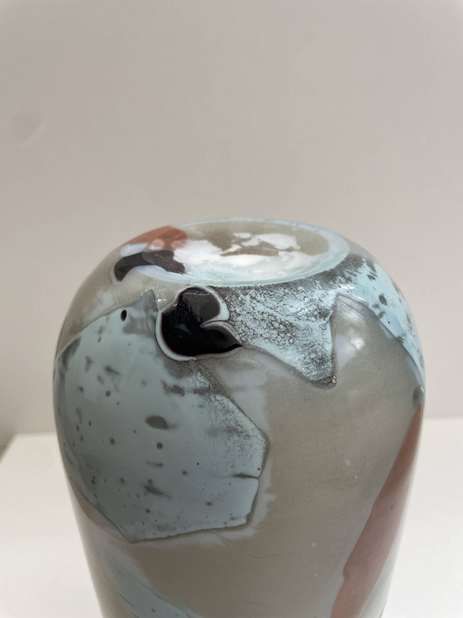 Blown opaline glass vase with coloured inclusions