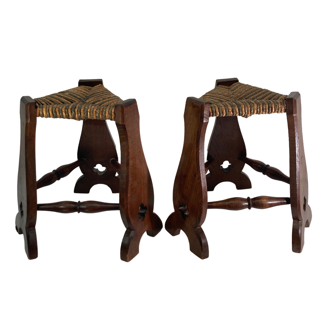 Pair of brutalist neo gothic rush oak tripod stools, France ca 1960s