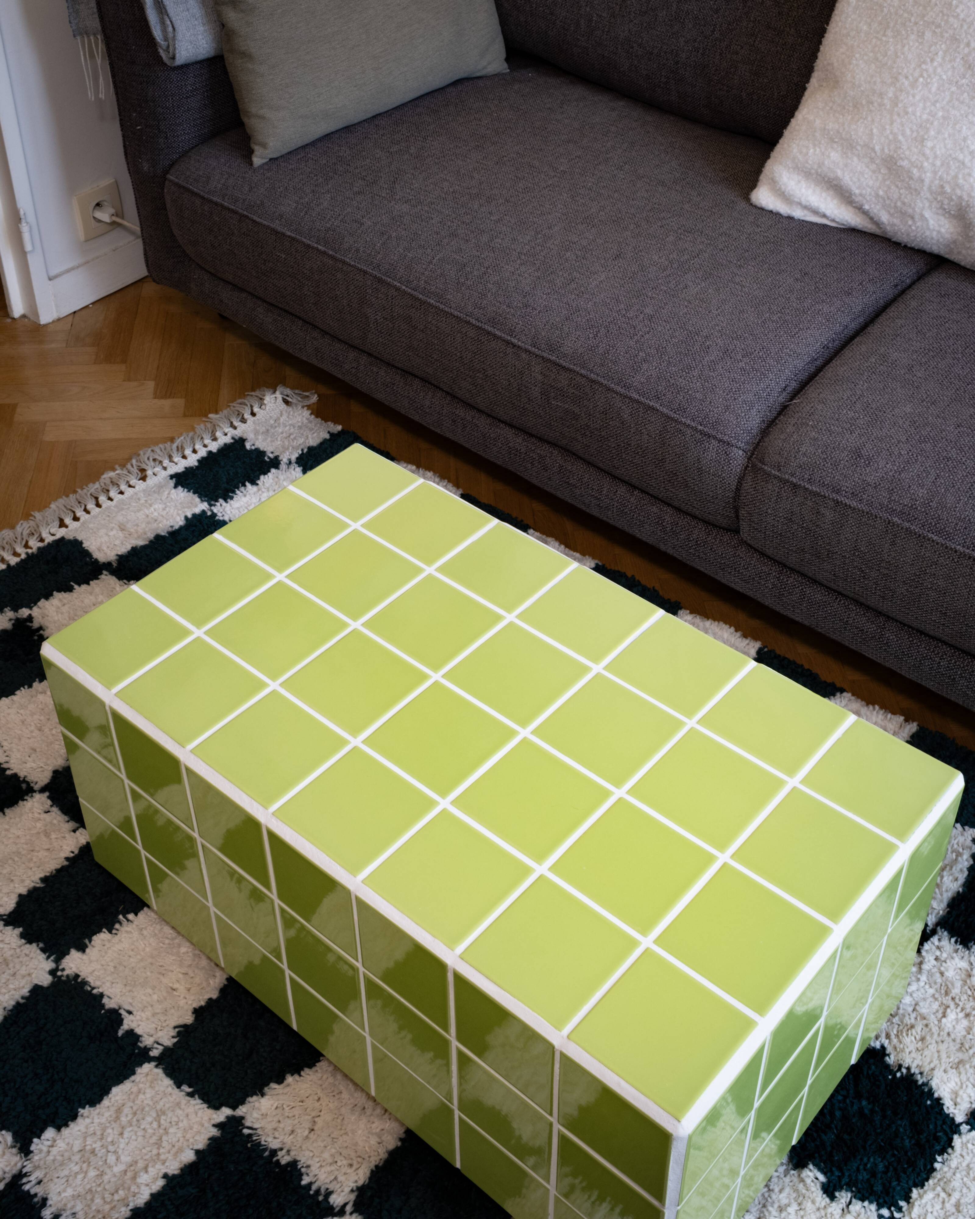 Glossy lime green ceramic tile coffee table Handmade in Paris