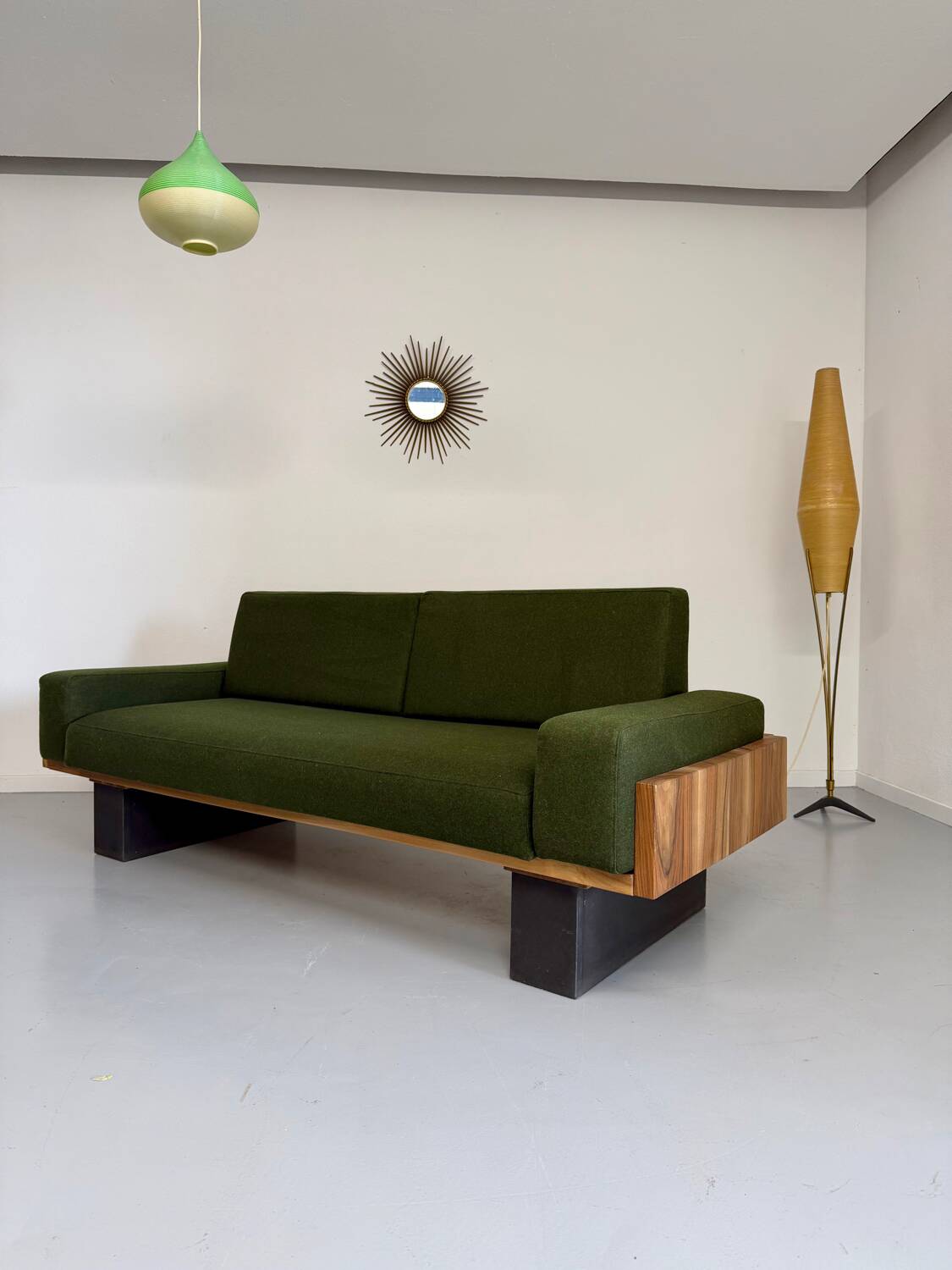 Vintage 3-seater sofa, green, solid wood, 70s/80s design