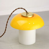 Mid-century yellow glass & brass mushroom table lamp