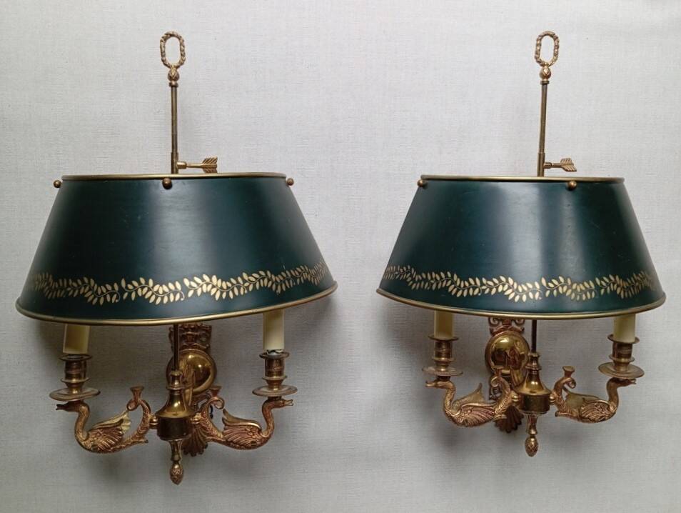 Pair of bronze and sheet metal hot water bottle wall lights