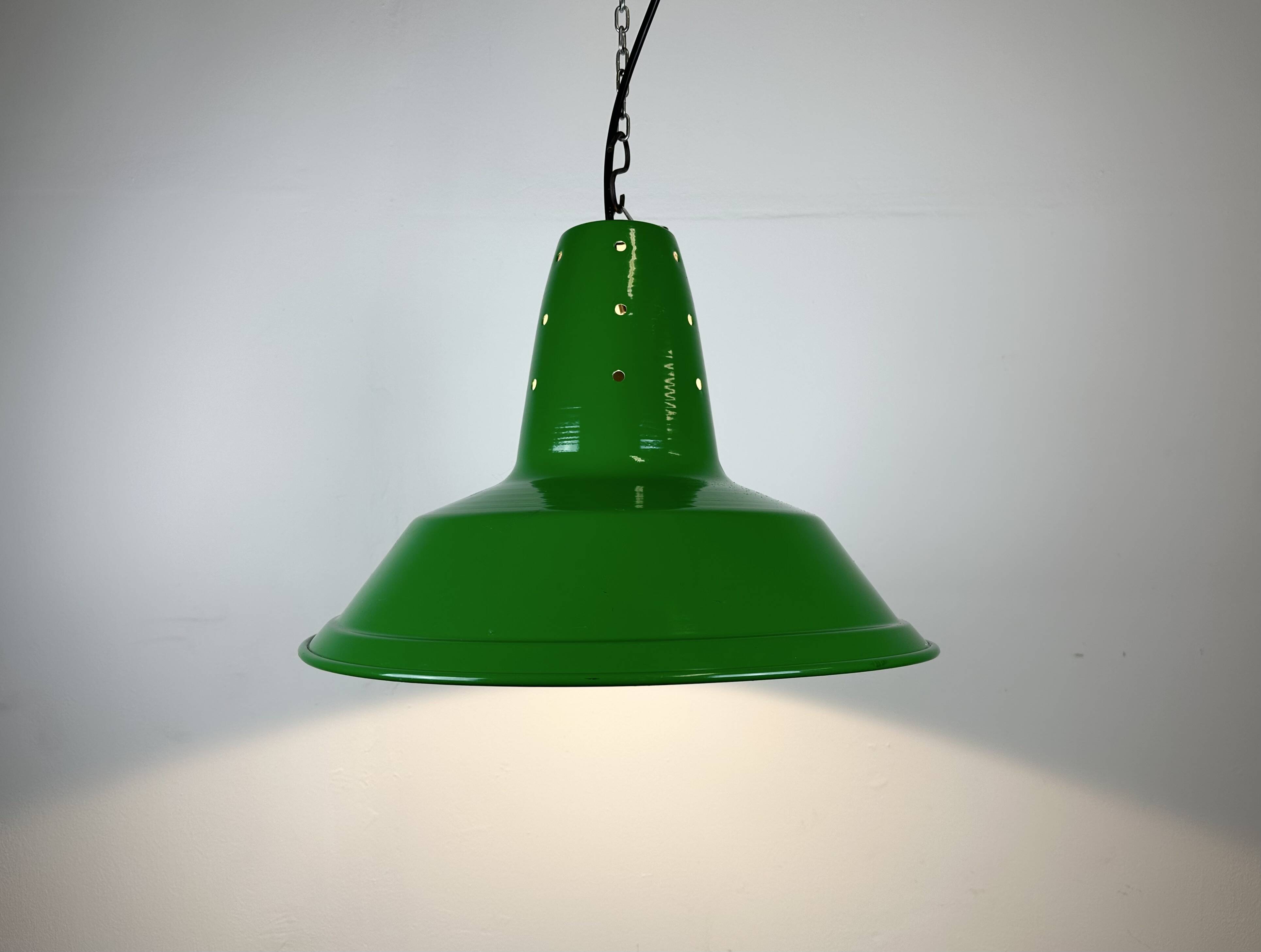 Industrial Italian Green Factory Hanging Lamp, 1970s