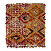 Tapis turc Tulu vintage coloré à nœuds faits main avec un design à carreaux en rouge, orange et beige.