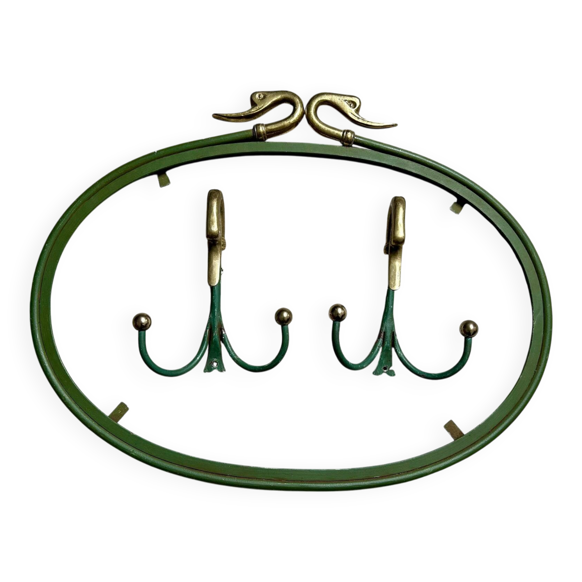 Rare set of swan neck coat hooks with mirror frame attributed to Maison Jansen, France, 1950s.