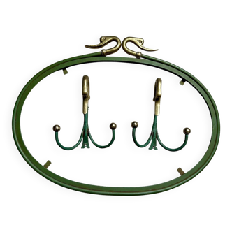 Rare set of swan neck coat hooks with mirror frame attributed to Maison Jansen, France, 1950s.