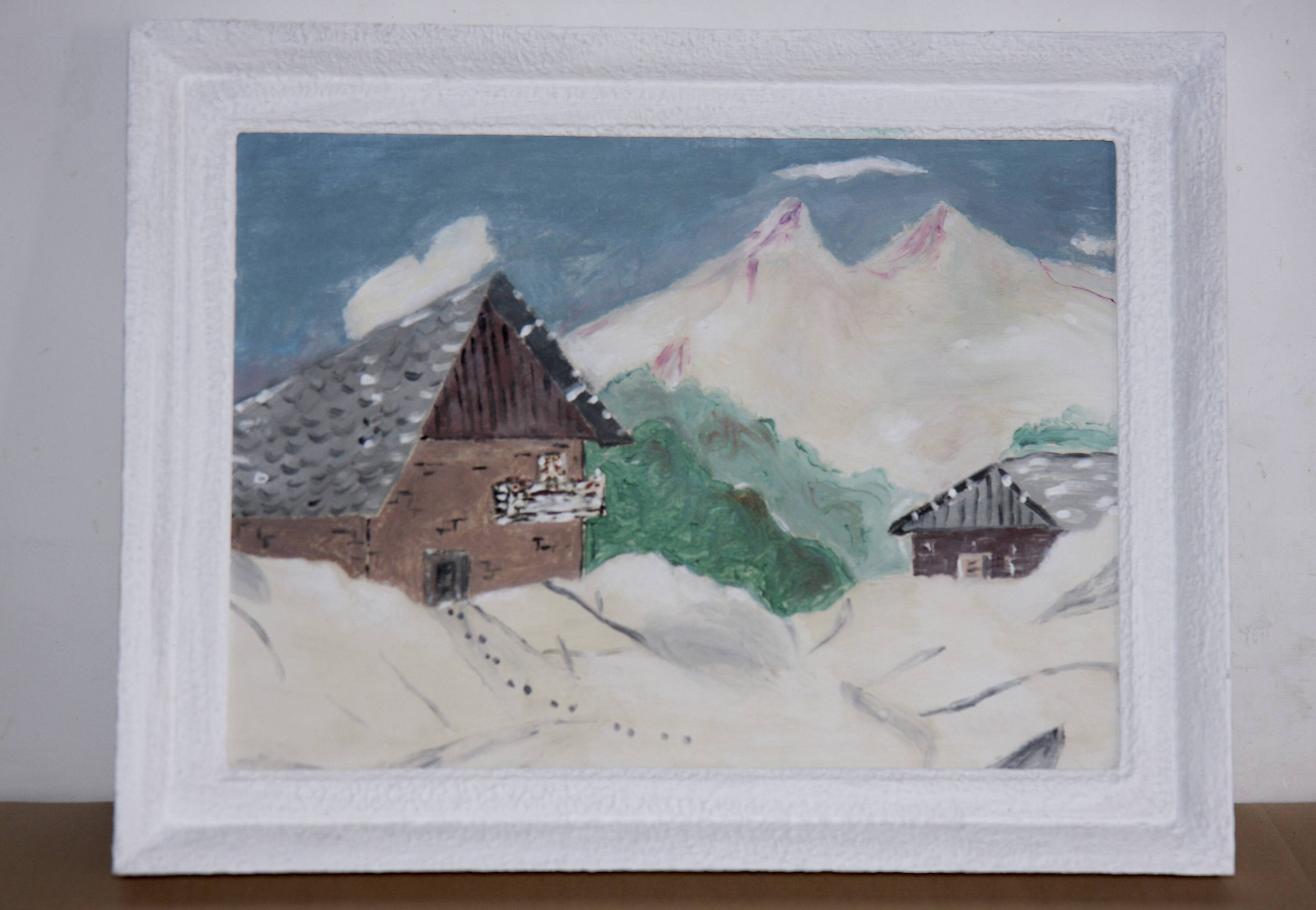 Naive painting, mountain landscape under the snow.