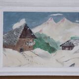 Tableau naïf, paysage de montagne sous la neige.