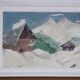 Tableau naïf, paysage de montagne sous la neige.