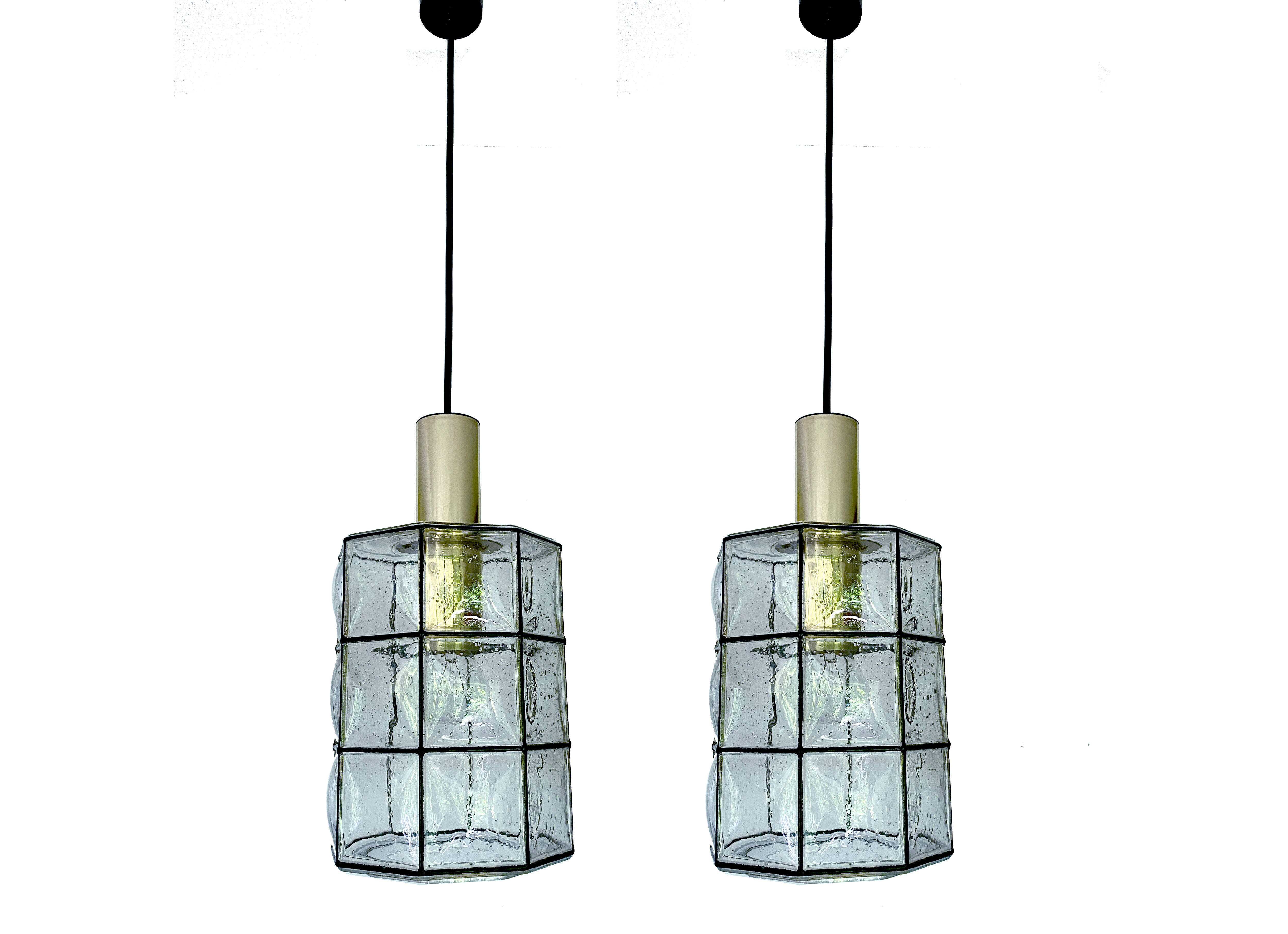Pair of pendant lamps vintage limburg, glass & brass, 70s
