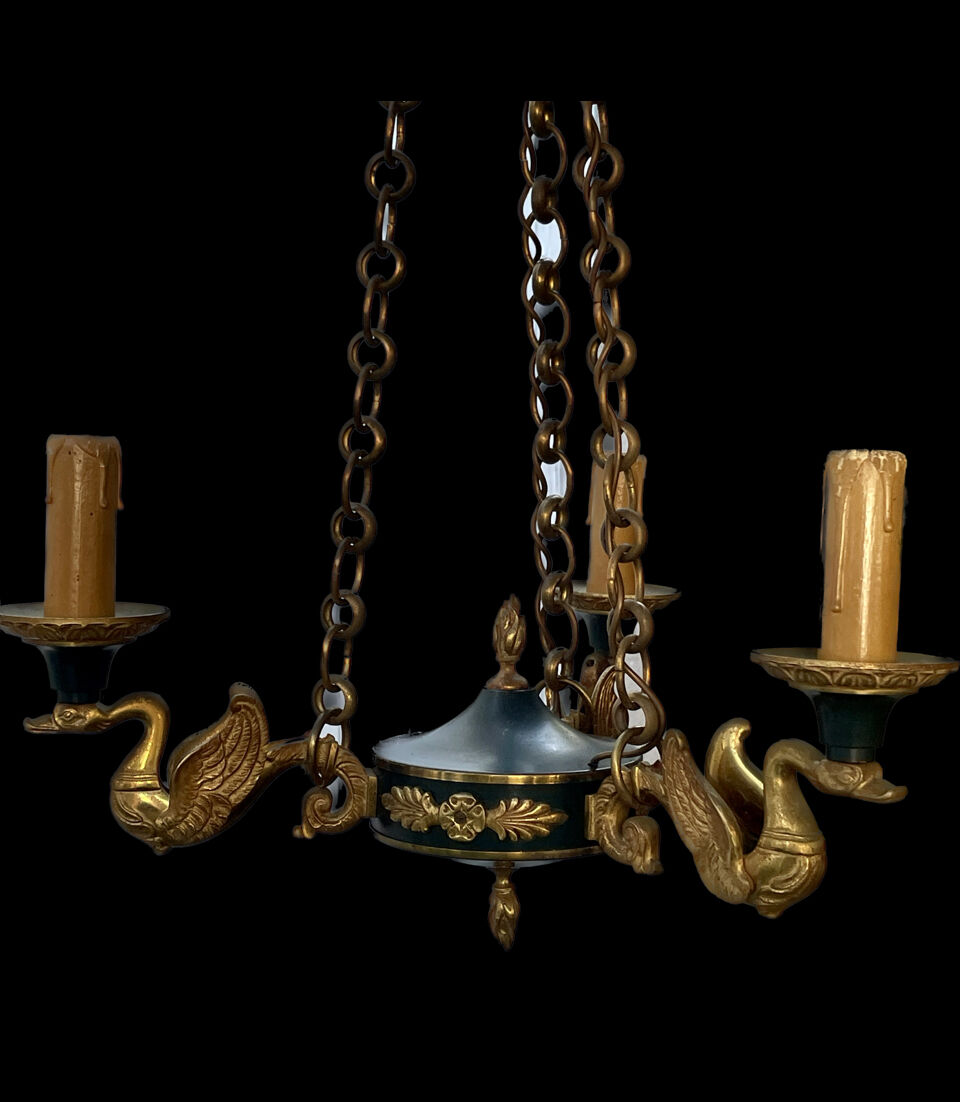 Lucien gau chandelier pendant lamp in bronze with swan decoration.